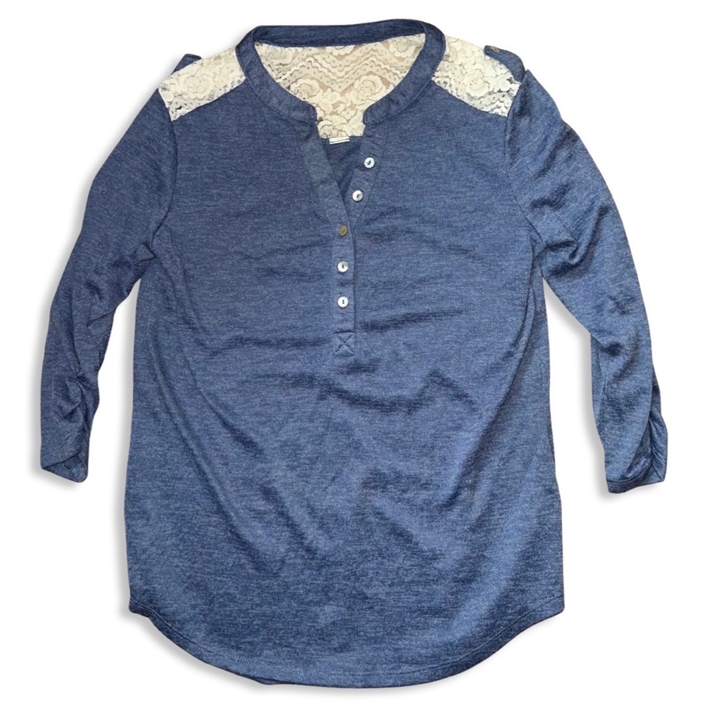 🪩4/$20!! Henley Women’s Top Button Down 3/4 Sleeve Blue w/Lace Back S 🪩4/$20!!